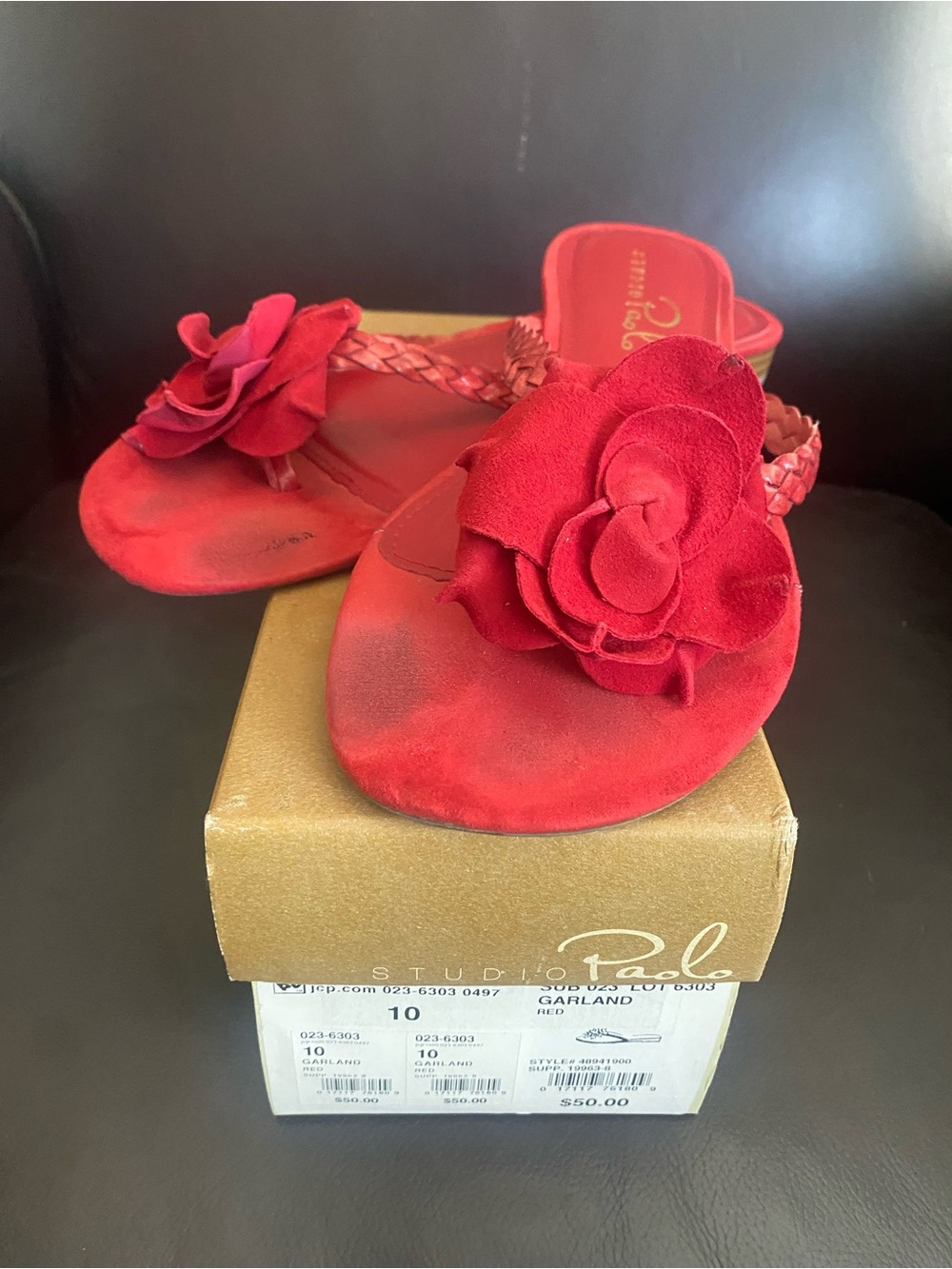 Paolo Red Suede Floral Braided Slide Sandals